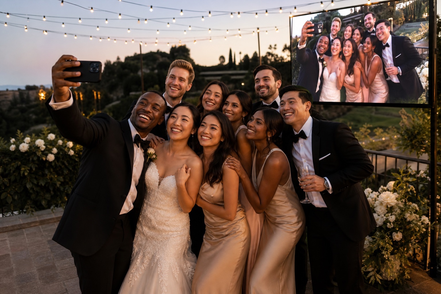 Wedding party posing for a phone photo with the same image shown on a large terrace screen