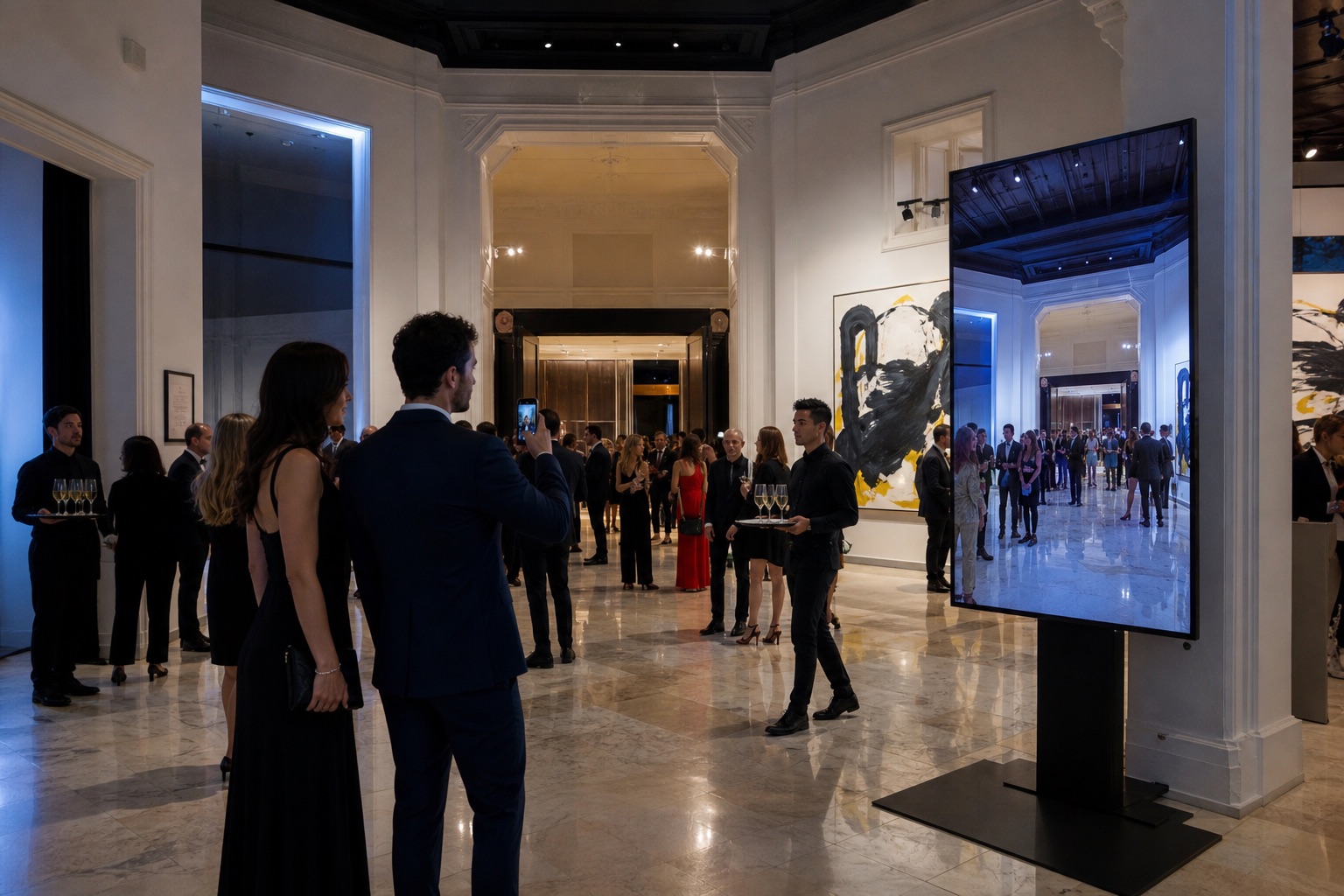 Couple photographing an elegant gallery venue while the photo appears on a nearby display