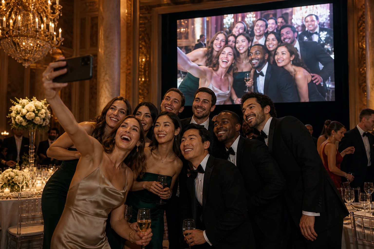 Guests in formalwear taking a group photo on a phone while the same photo appears on a large ballroom display