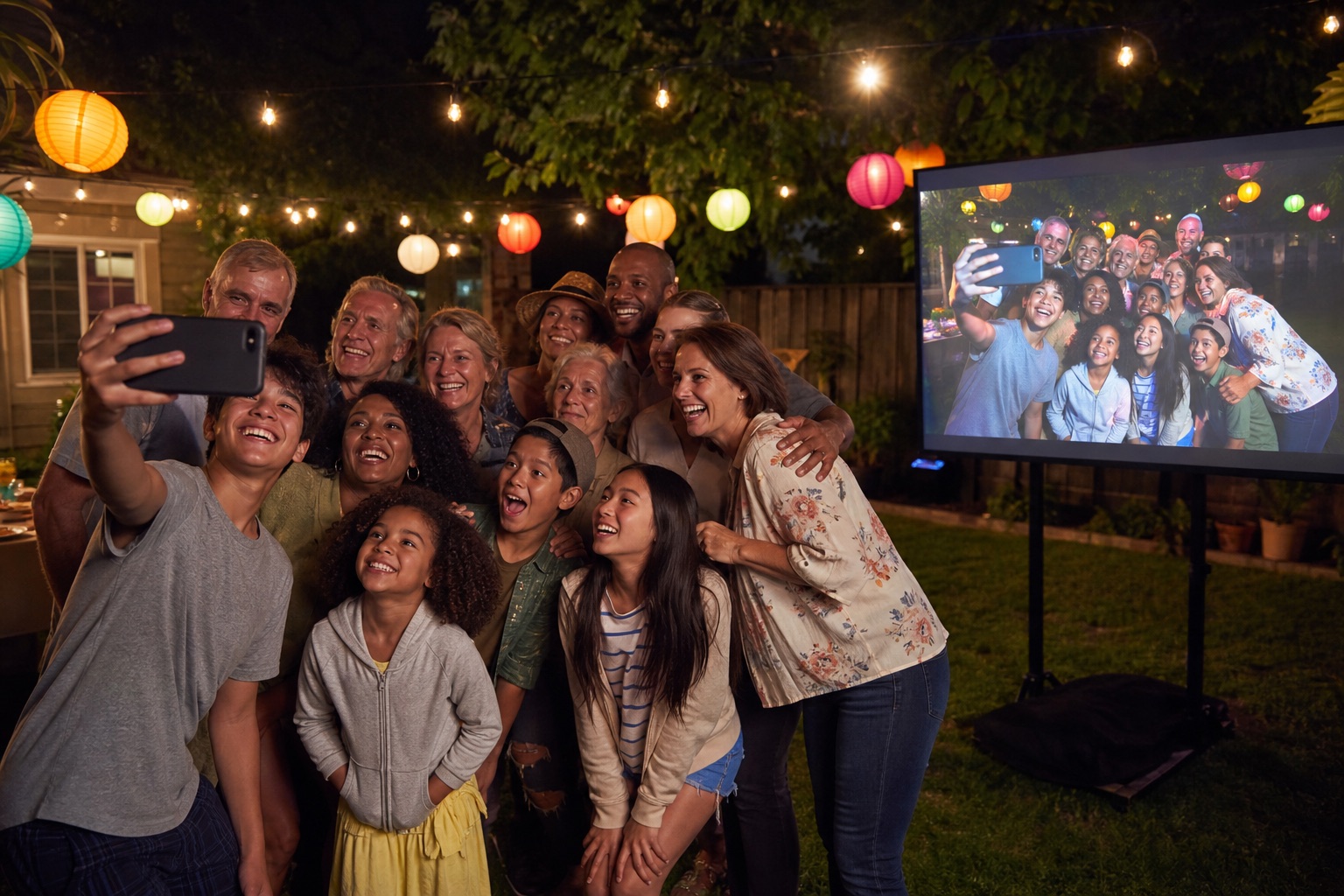 A large casual group taking a phone photo outdoors with the shot shown on an LED screen